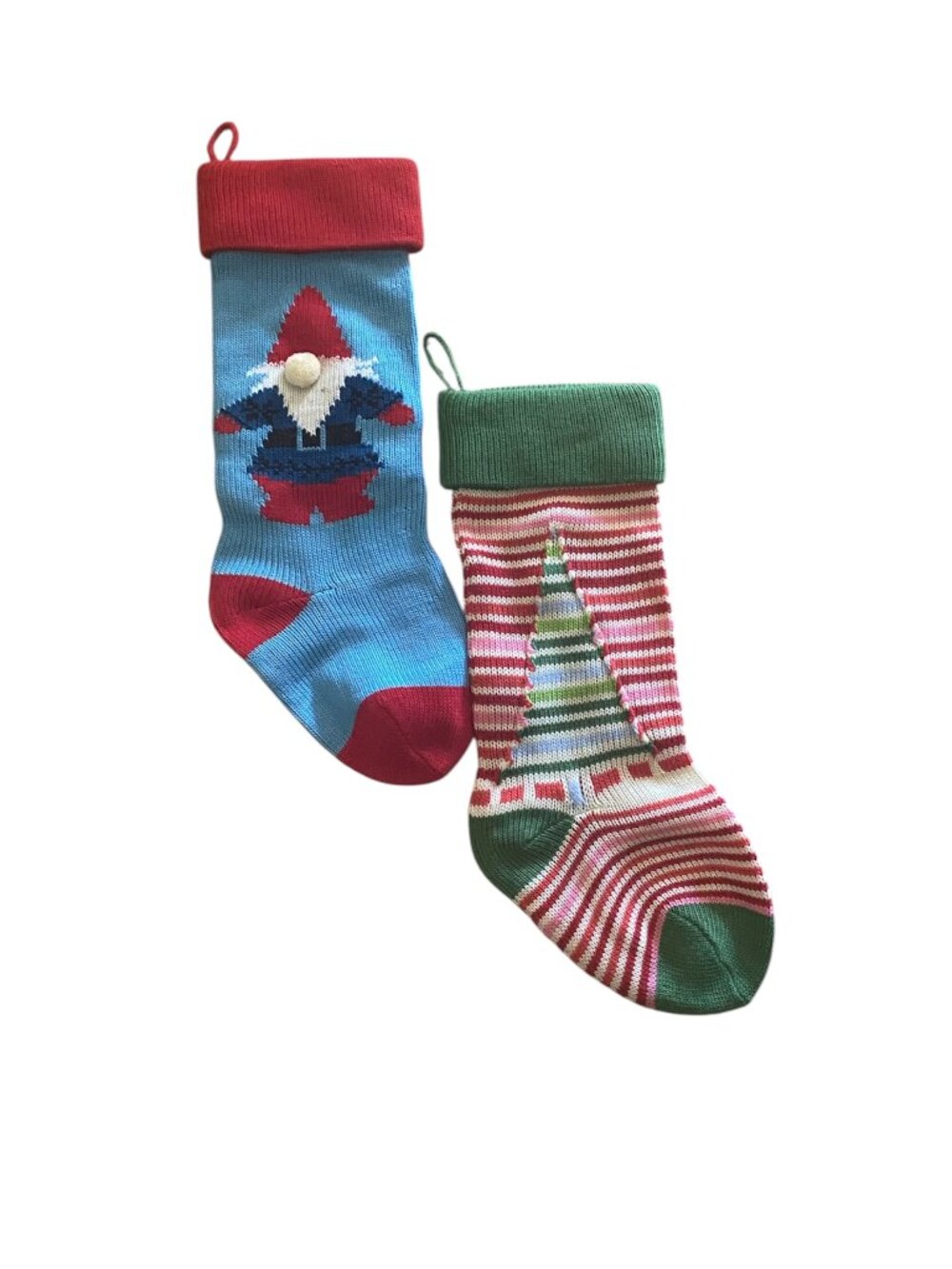 Set of 2 Handmade Vintage-Style Knit Christmas Stockings - Gnome & Striped Tree